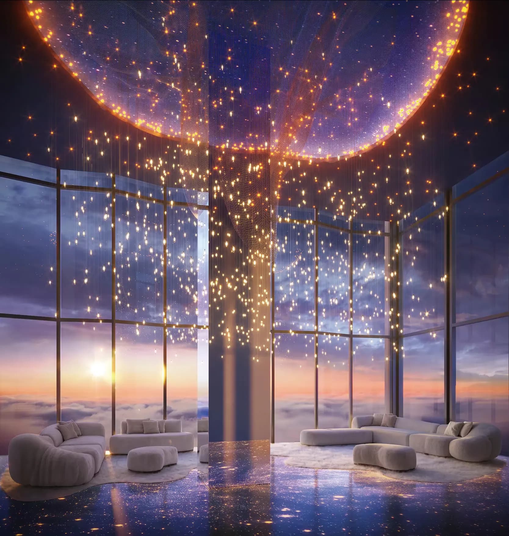 Salão de festas do Senna Tower com teto estrelado e fachada de vidro ao pôr do sol